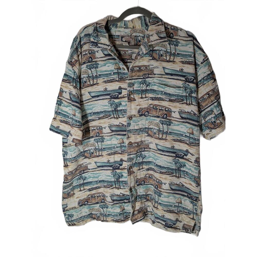 BLUEWATER WEAR Vintage Shirt men XL Hawaiian Woody Cars Beach Cotton